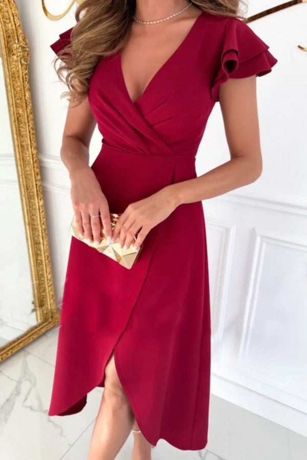 surplice-ruffled-cap-sleeve-zip-back-dress OhSoStyled - Sophia's Style in Rust-1
